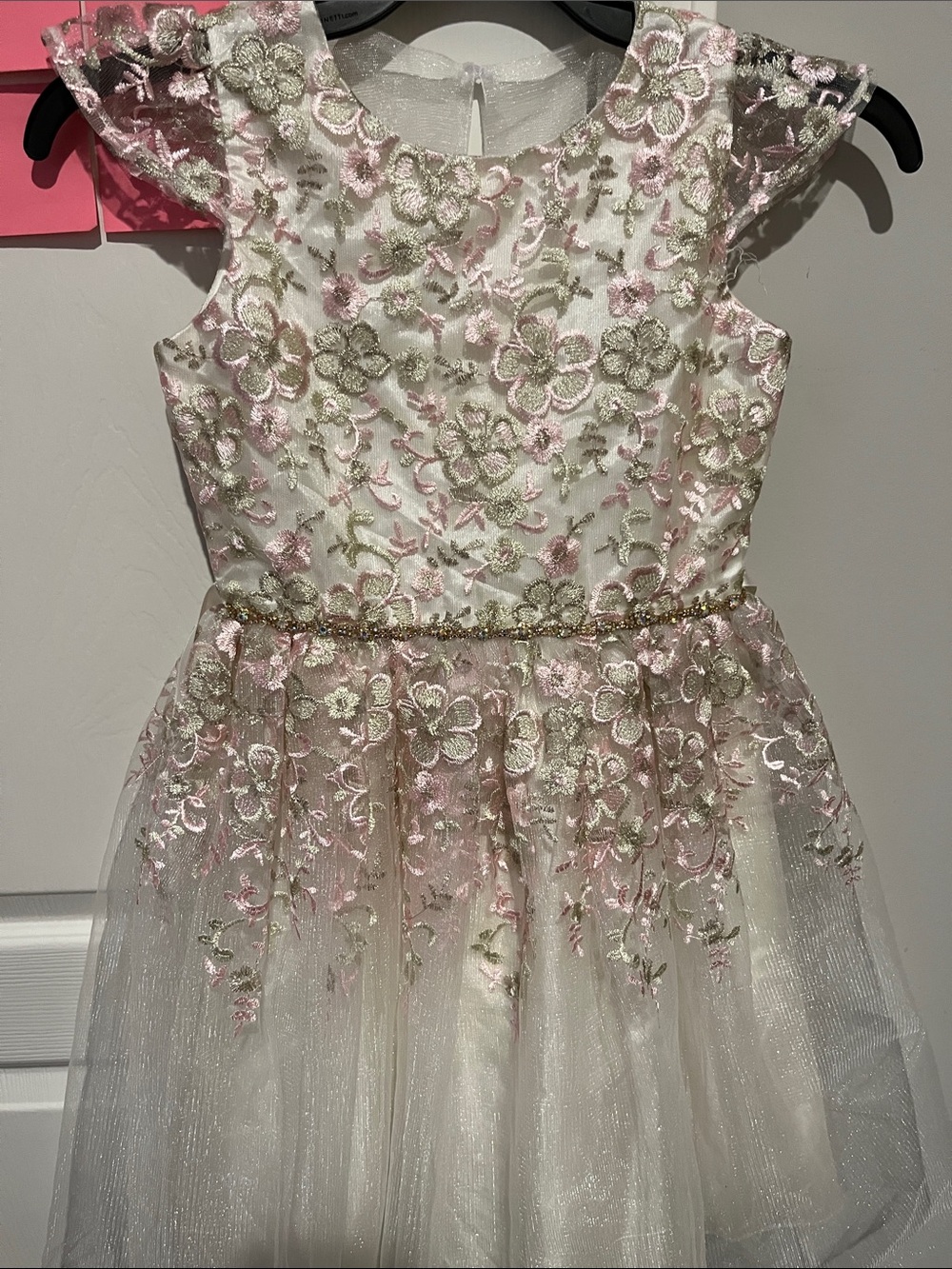 Girls' Floral Embroidered Tulle Dress - Pink & Gold